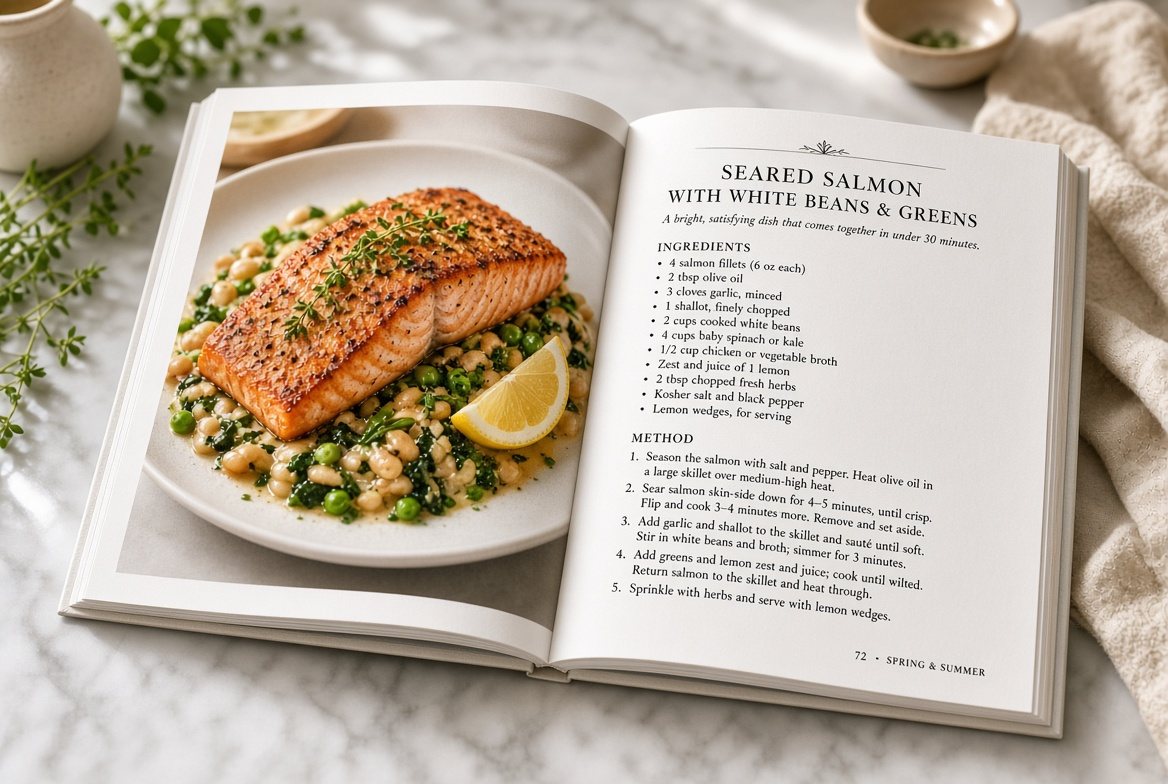 Magazine-style recipe pages with food photography that actually matches the dish.