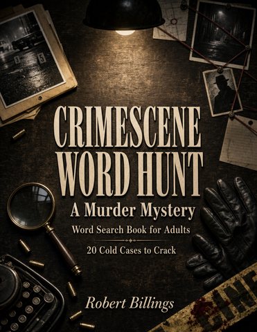 Crime Scene Word Hunt, a murder mystery word search book flipbook