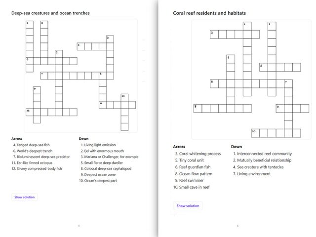 Inside pages of a BookMasher crossword puzzle book