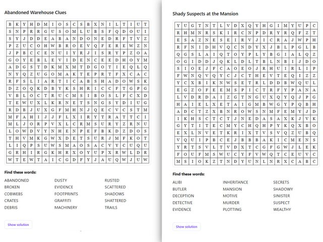 Inside pages of a BookMasher word search book