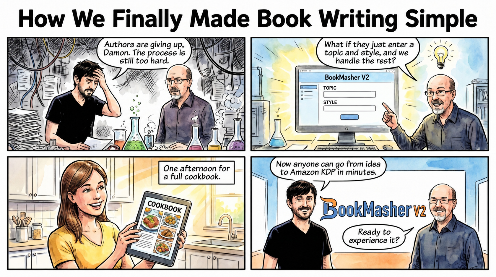 Comic strip of Damon and Wayne talking about how BookMasher makes book writing simple