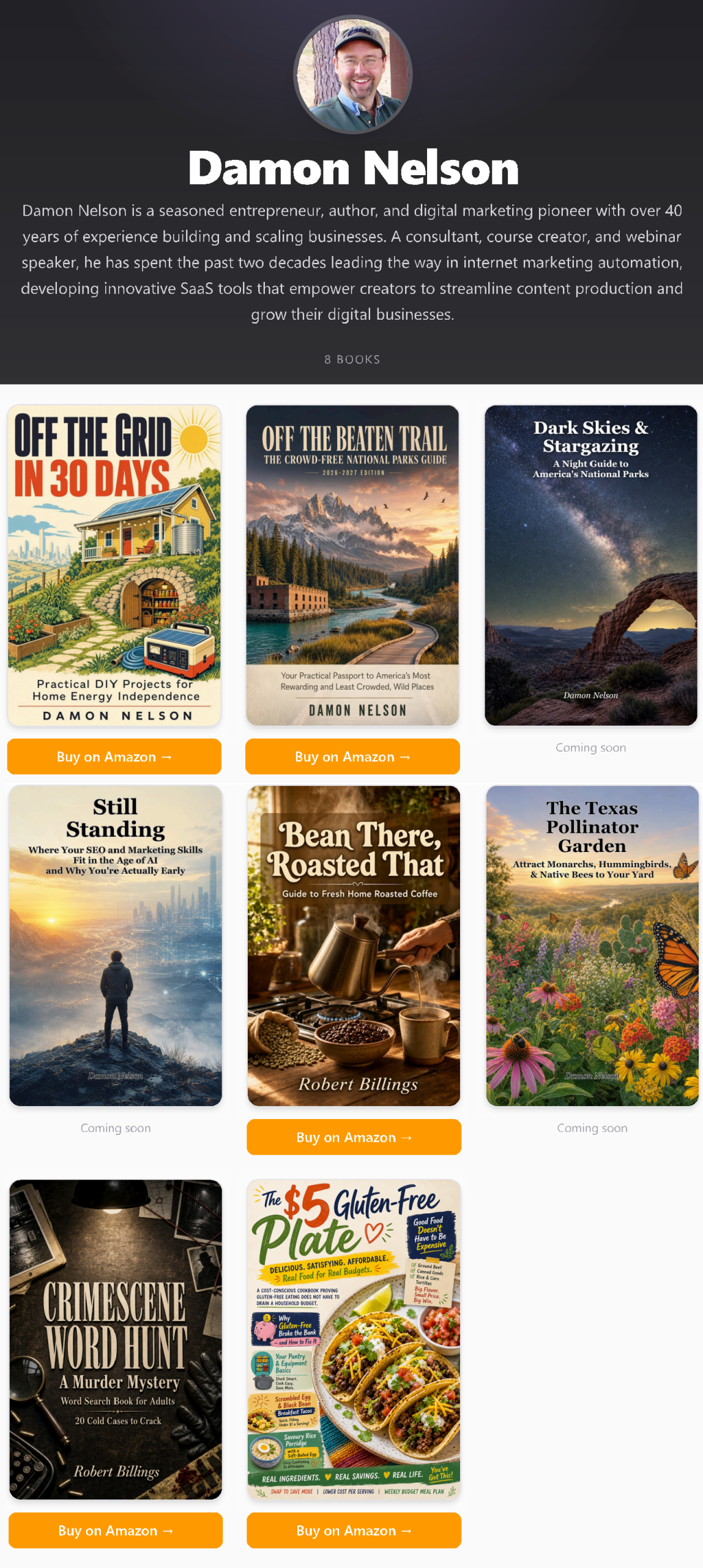 A live BookMasher author gallery page showing a full book catalog