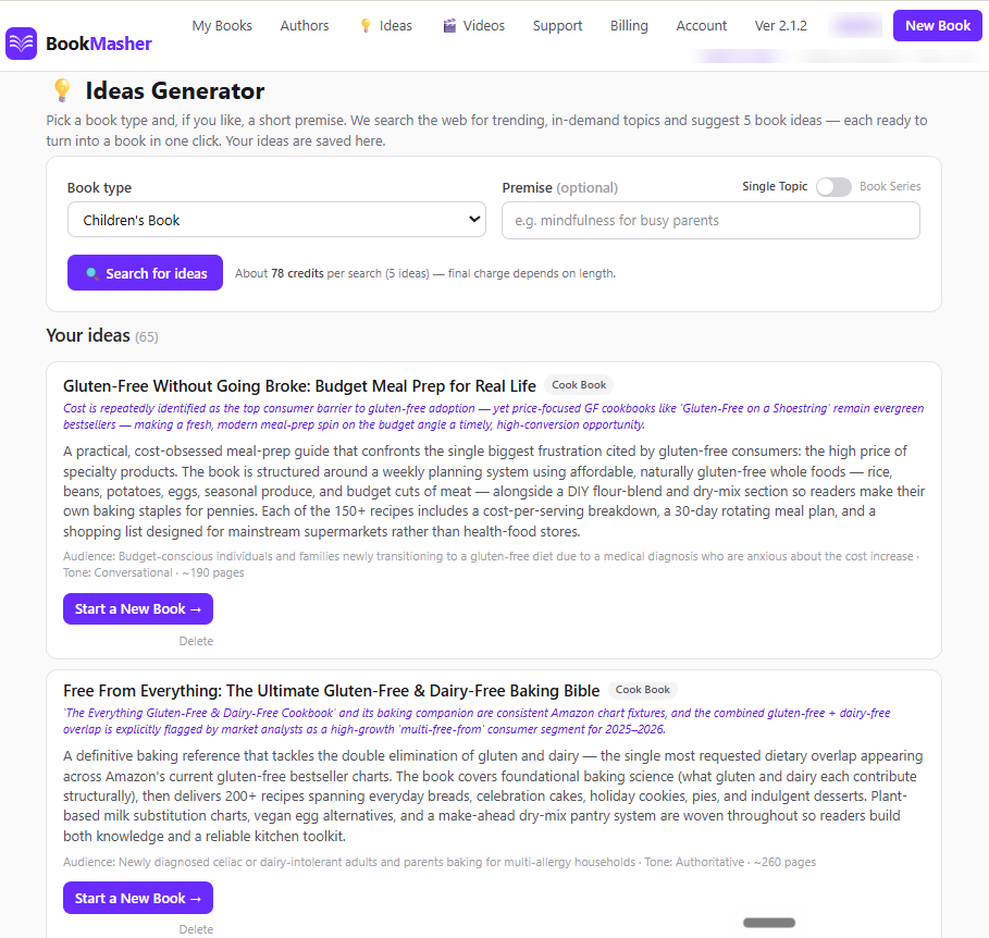 The Ideas Generator screen inside BookMasher, showing five researched book ideas ready to build